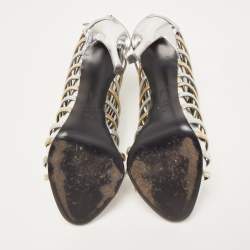 Pre Owned Giuseppe Zanotti Gold/Silver Foil Leather Strappy Ankle Booties Size 37.5