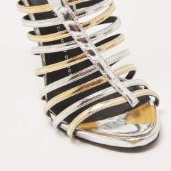 Pre Owned Giuseppe Zanotti Gold/Silver Foil Leather Strappy Ankle Booties Size 37.5