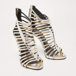Pre Owned Giuseppe Zanotti Gold/Silver Foil Leather Strappy Ankle Booties Size 37.5
