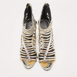 Pre Owned Giuseppe Zanotti Gold/Silver Foil Leather Strappy Ankle Booties Size 37.5