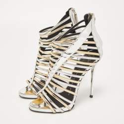 Pre Owned Giuseppe Zanotti Gold/Silver Foil Leather Strappy Ankle Booties Size 37.5