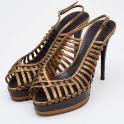 Giuseppe Zanotti Gold/Brown Leather Strappy Platform Sandals Size 39