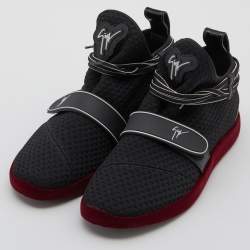 Pre Owned Giuseppe Zanotti Black/Red Knit Fabric and Leather Slip On Sneakers Size 36