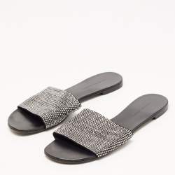 Pre Owned Giuseppe Zanotti Black Suede Crystal Embellished Flat Slides Size 39