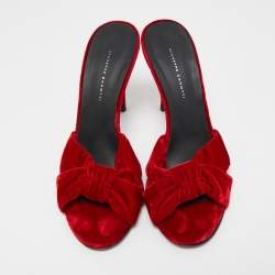 Pre Owned Giuseppe Zanotti Red Knotted Velvet Slide Sandals Size 38.5