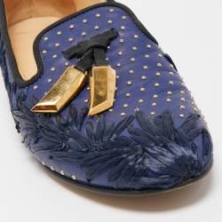 Pre Owned Giuseppe Zanotti Blue Studded Canvas Lucia Shark Tooth Smoking Slippers Size 36