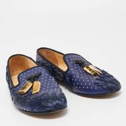 Pre Owned Giuseppe Zanotti Blue Studded Canvas Lucia Shark Tooth Smoking Slippers Size 36