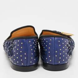 Pre Owned Giuseppe Zanotti Blue Studded Canvas Lucia Shark Tooth Smoking Slippers Size 36