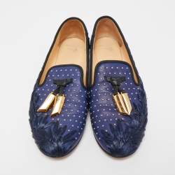 Pre Owned Giuseppe Zanotti Blue Studded Canvas Lucia Shark Tooth Smoking Slippers Size 36