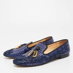 Pre Owned Giuseppe Zanotti Blue Studded Canvas Lucia Shark Tooth Smoking Slippers Size 36