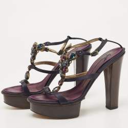 Pre Owned Giuseppe Zanotti Navy Blue Satin Crystal Embellished T-Strap Platform Sandals Size 39