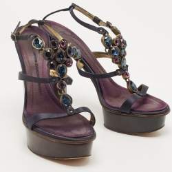 Pre Owned Giuseppe Zanotti Navy Blue Satin Crystal Embellished T-Strap Platform Sandals Size 39