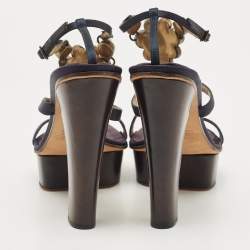 Pre Owned Giuseppe Zanotti Navy Blue Satin Crystal Embellished T-Strap Platform Sandals Size 39