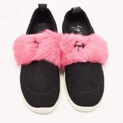 Pre Owned Giuseppe Zanotti Black Knit Fabric and Calfhair Slip on Sneakers Size 37.5