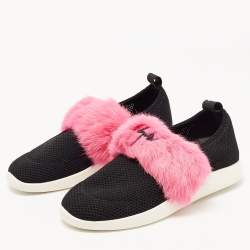 Pre Owned Giuseppe Zanotti Black Knit Fabric and Calfhair Slip on Sneakers Size 37.5