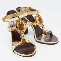 Pre Owned Giuseppe Zanotti Cream Leather Embellished T Strap Sandals Size 39