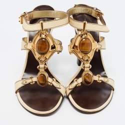 Pre Owned Giuseppe Zanotti Cream Leather Embellished T Strap Sandals Size 39