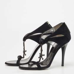 Pre Owned Giuseppe Zanotti Black Suede Crystal Embellished T-Strap Sandals Size 37