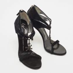 Pre Owned Giuseppe Zanotti Black Suede Crystal Embellished T-Strap Sandals Size 37