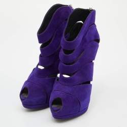 Giuseppe Zanotti Purple Suede Wave Cut Out Peep Toe Platform Booties Size 37.5