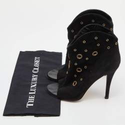 Pre Owned Giuseppe Zanotti Black Suede Crystal Embellished Eyelet Open Toe Booties Size 38.5