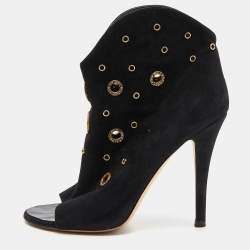 Pre Owned Giuseppe Zanotti Black Suede Crystal Embellished Eyelet Open Toe Booties Size 38.5