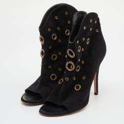 Pre Owned Giuseppe Zanotti Black Suede Crystal Embellished Eyelet Open Toe Booties Size 38.5