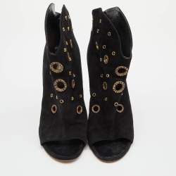 Pre Owned Giuseppe Zanotti Black Suede Crystal Embellished Eyelet Open Toe Booties Size 38.5
