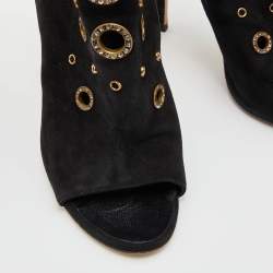 Pre Owned Giuseppe Zanotti Black Suede Crystal Embellished Eyelet Open Toe Booties Size 38.5