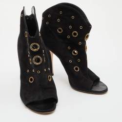 Pre Owned Giuseppe Zanotti Black Suede Crystal Embellished Eyelet Open Toe Booties Size 38.5