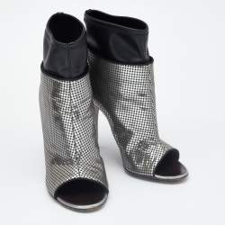 Pre Owned Giuseppe Zanotti Silver/Black Perforated Leather Open Toe Ankle Booties Size 38.5