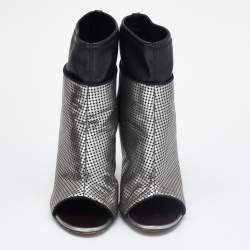 Pre Owned Giuseppe Zanotti Silver/Black Perforated Leather Open Toe Ankle Booties Size 38.5