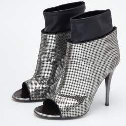 Pre Owned Giuseppe Zanotti Silver/Black Perforated Leather Open Toe Ankle Booties Size 38.5