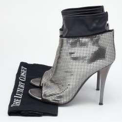 Pre Owned Giuseppe Zanotti Silver/Black Perforated Leather Open Toe Ankle Booties Size 38.5