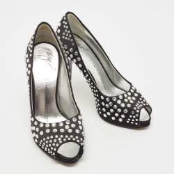 Giuseppe Zanotti Black Satin Crystal Embellished Peep Toe Platform Pumps Size 36