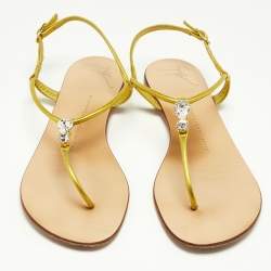 Pre Owned Giuseppe Zanotti Metallic Leather Crystal Embellished Thong Flat Sandals Size 37.5