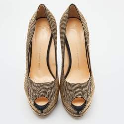 Pre Owned Giuseppe Zanotti Gold Studded Suede Embellished Peep Toe Platform Pumps Size 41