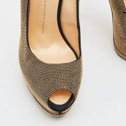 Pre Owned Giuseppe Zanotti Gold Studded Suede Embellished Peep Toe Platform Pumps Size 41