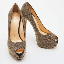 Pre Owned Giuseppe Zanotti Gold Studded Suede Embellished Peep Toe Platform Pumps Size 41