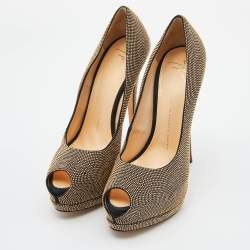 Pre Owned Giuseppe Zanotti Gold Studded Suede Embellished Peep Toe Platform Pumps Size 41