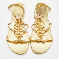 مملوكة مسبقًا Giuseppe Zanotti Gold Leather Fishbone Embellished Ankle Strap Sandals Size 42