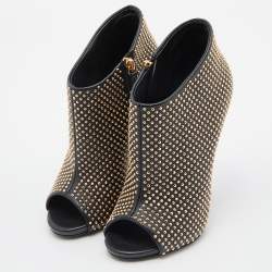 Pre Owned Giuseppe Zanotti Black Studded Leather Peep Toe Ankle Booties Size 37
