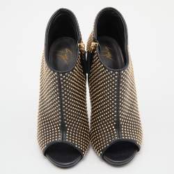 Pre Owned Giuseppe Zanotti Black Studded Leather Peep Toe Ankle Booties Size 37