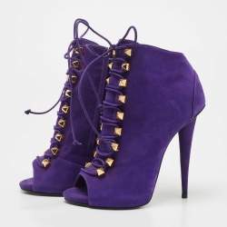Giuseppe Zanotti Purple Nubuck Leather Studded Lace Up Ankle Booties Size 38