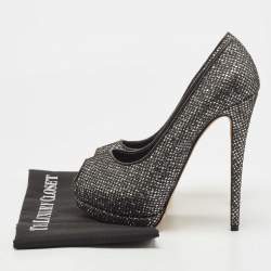 Giuseppe Zanotti Black Glitter and Mesh Platform Peep Toe Pumps Size 39
