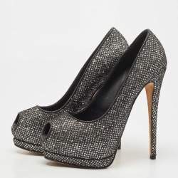 Giuseppe Zanotti Black Glitter and Mesh Platform Peep Toe Pumps Size 39