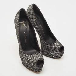 Giuseppe Zanotti Black Glitter and Mesh Platform Peep Toe Pumps Size 39