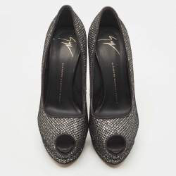 Giuseppe Zanotti Black Glitter and Mesh Platform Peep Toe Pumps Size 39