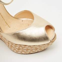 مملوكة مسبقًا Giuseppe Zanotti Gold Leather Wedge Ankle Strap Espadrille Sandals Size 38