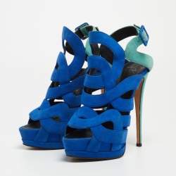 Pre Owned Giuseppe Zanotti Two Tone Suede Cutout Caged Slingback Platform Sandals Size 38.5